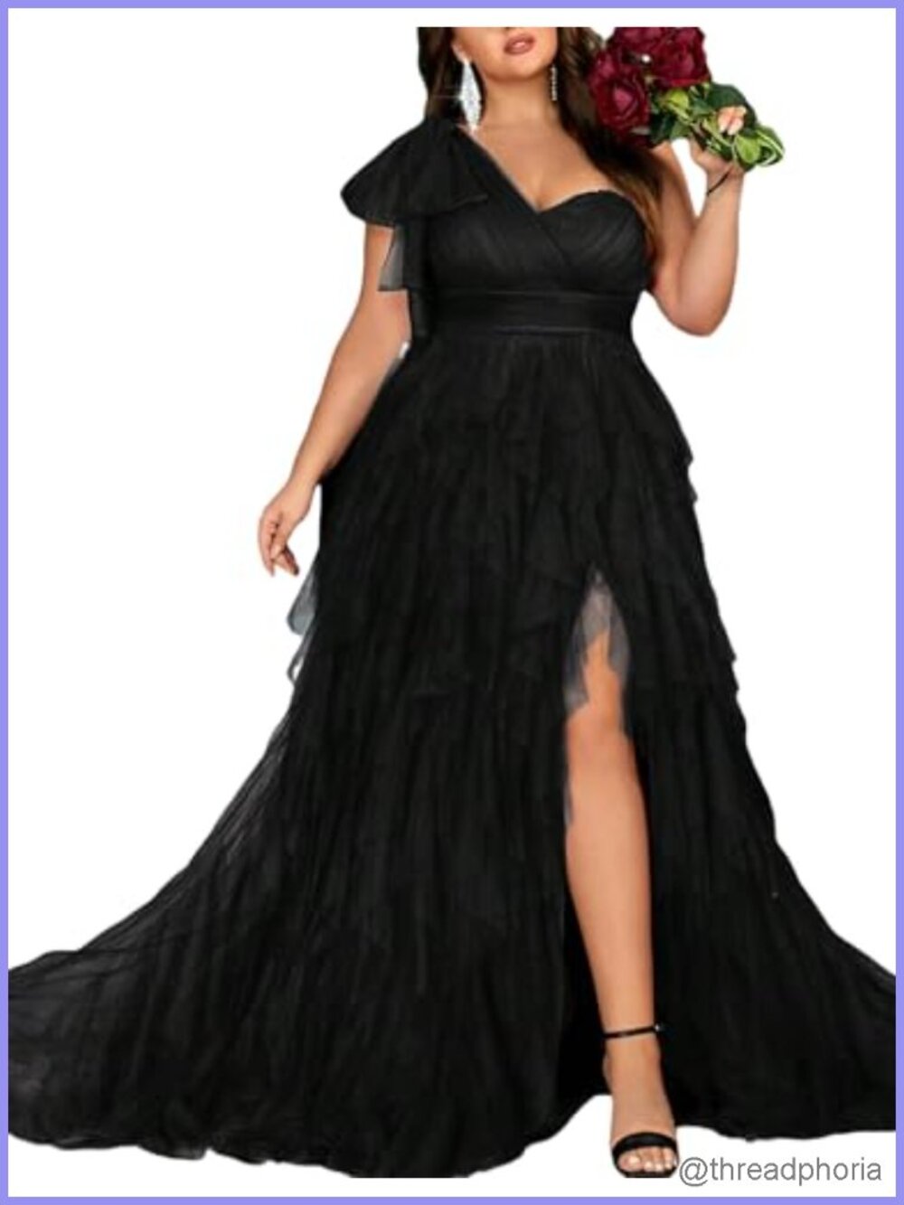 Plus Size Formal Evening Gown One Shoulder Mesh Bow Slit Maxi Dress